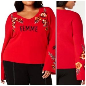 INC Red Embroidered Bell Sleeve Femme Sweater Plus Size 1X 2X 3X
